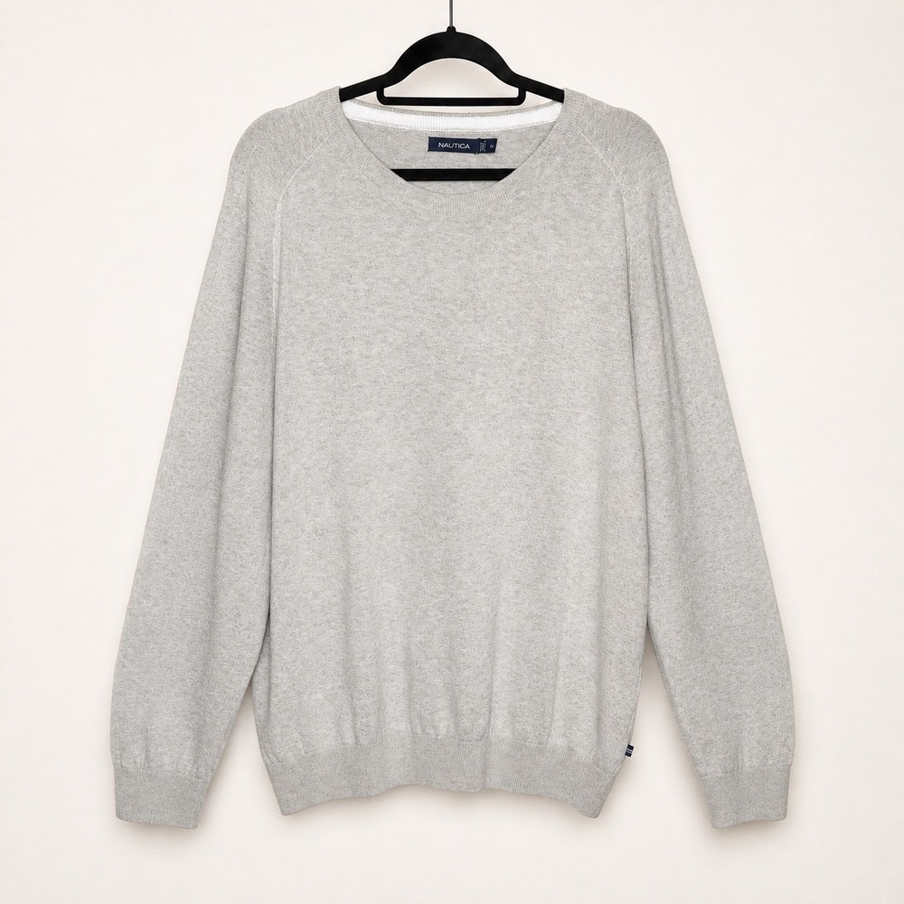 Nautica Crewneck Sweater Mens XL Gray Cotton Classic Preppy Minimalist Knit